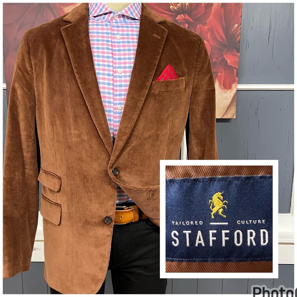 Stafford Corduroy Blazer Sport Coat Mens 46R‎ Slim Fit Cotton Stretch Brown